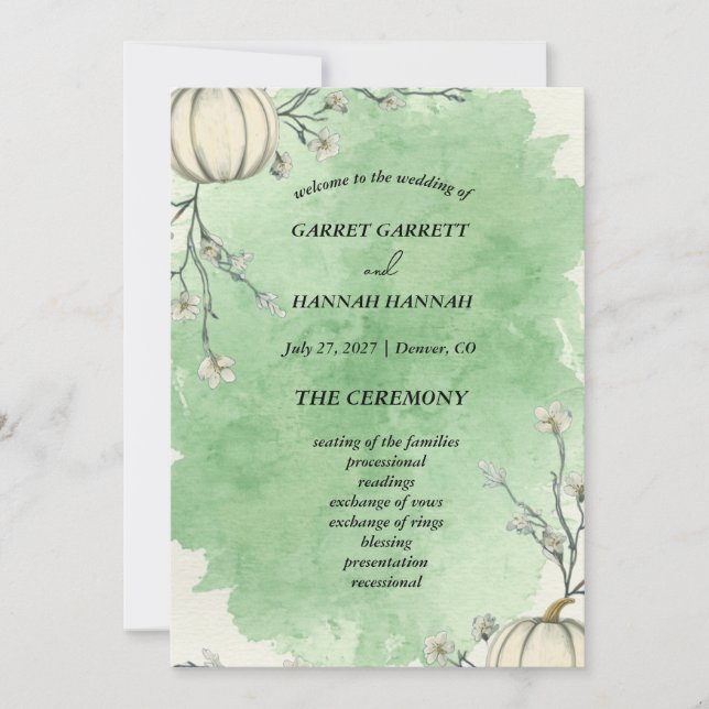 Programa de Boda de Calabaza de Otoño Verde Rústic (Anverso)