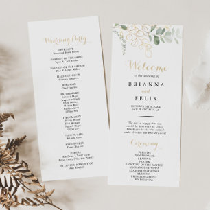 Programa de Boda de Caligrafía de Foliage Verde Or