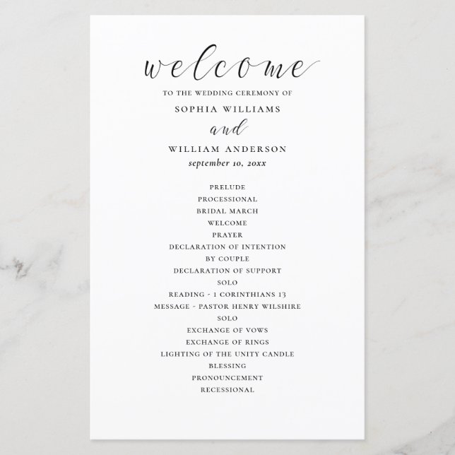 Programa de boda de caligrafía en blanco y negro e (Anverso)