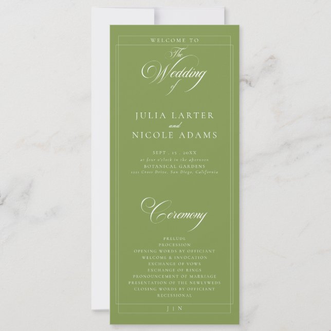 Programa de Boda de Caligrafía en Marfil Verde Clá (Anverso)