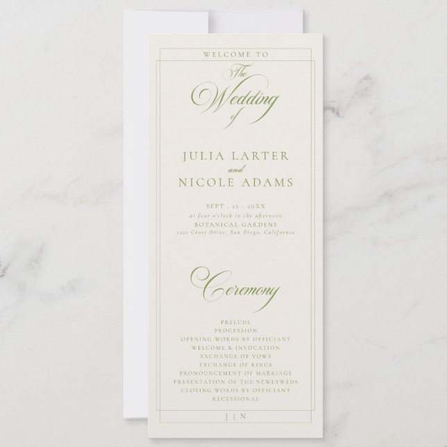 Programa de Boda de Caligrafía en Marfil Verde Clá (Anverso)