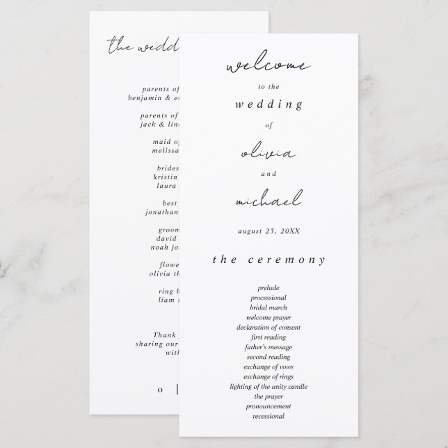 Programa de Boda de Caligrafía Minimalista (Anverso / Reverso)