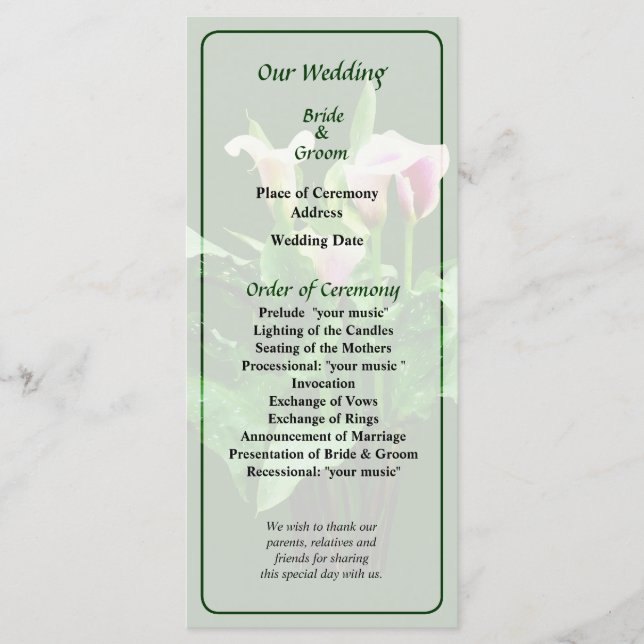 Programa de Boda de Calla Lilies Rosa y Blanca (Anverso)