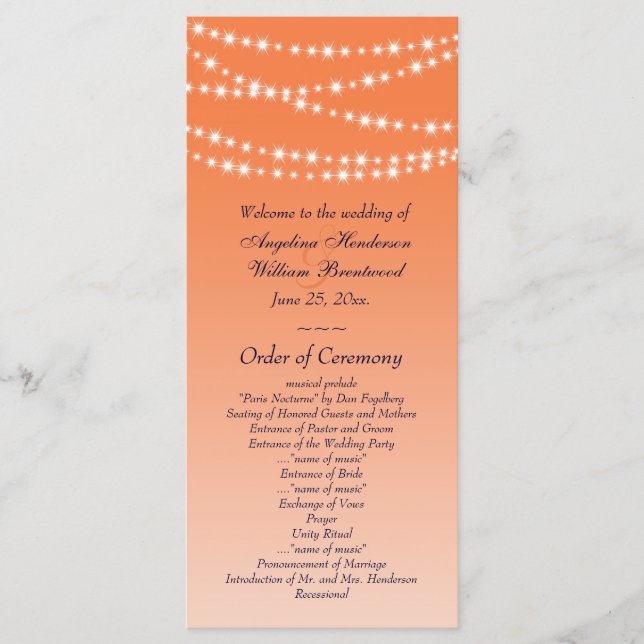Programa de Boda de Celosia Naranja Twinkle Lights (Anverso)