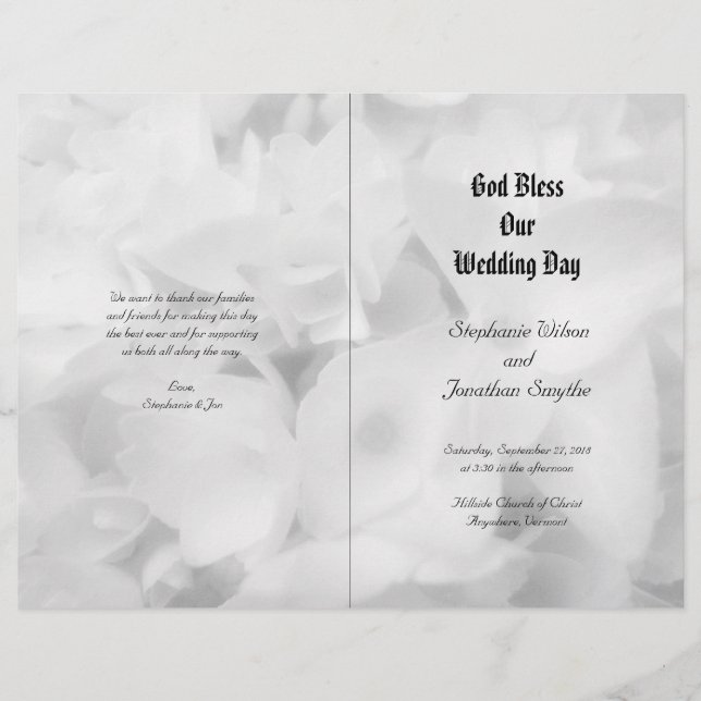 Programa de boda de ceremonia católica en blanco y (Anverso)