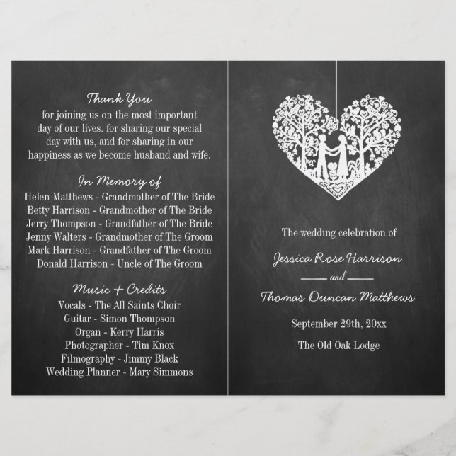 Programa de Boda de Chalkboard de Árbol del Corazó (Anverso)