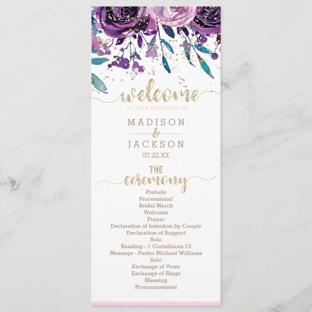 Programa de Boda de Champagne Dorado con Flores Mo (Anverso)
