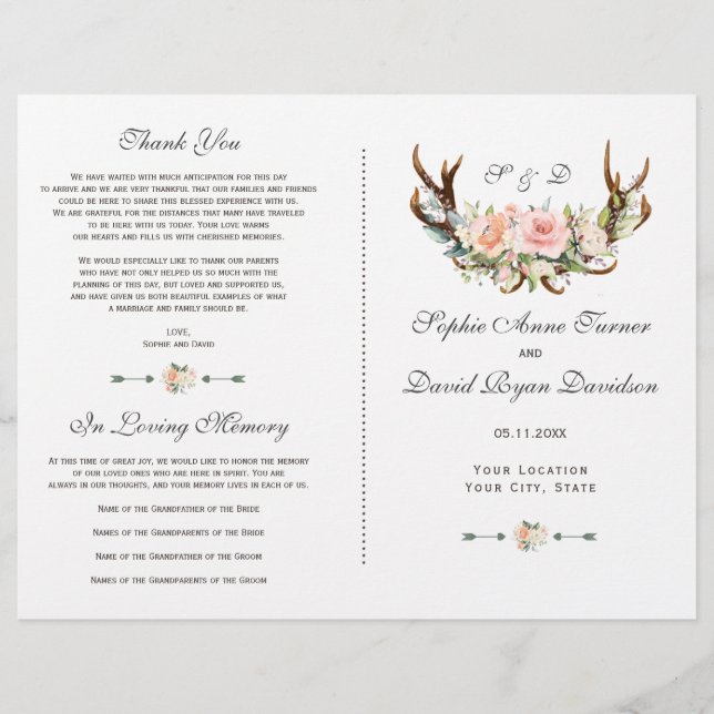 Programa de Boda de Ciervos Florales Rosa Chic (Anverso)