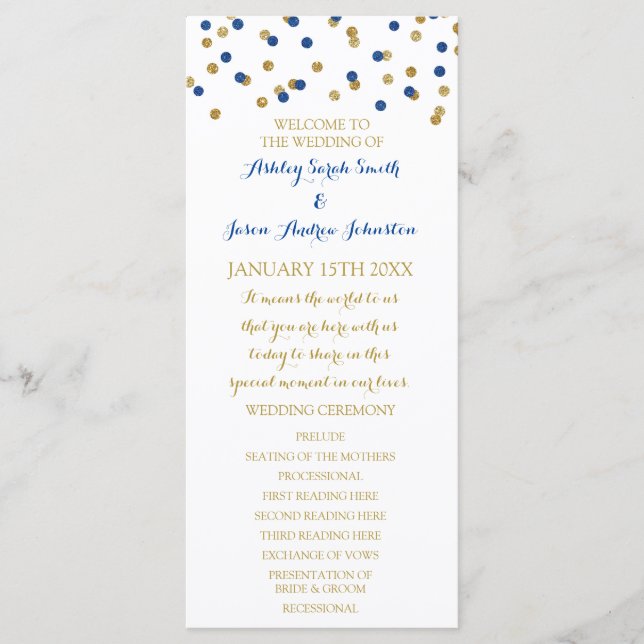 Programa de Boda de Confetti Azul de la Marina de  (Anverso)