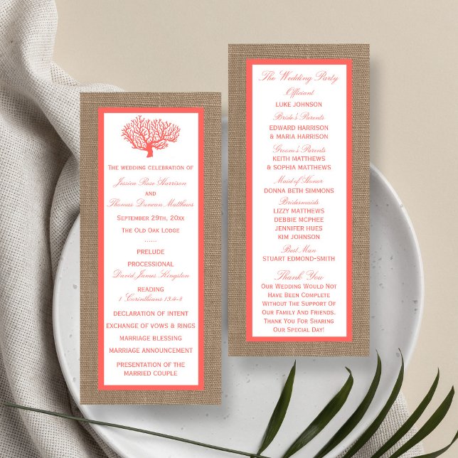 Programa De Boda De Coral En Burlap Boho Beach (Subido por el creador)