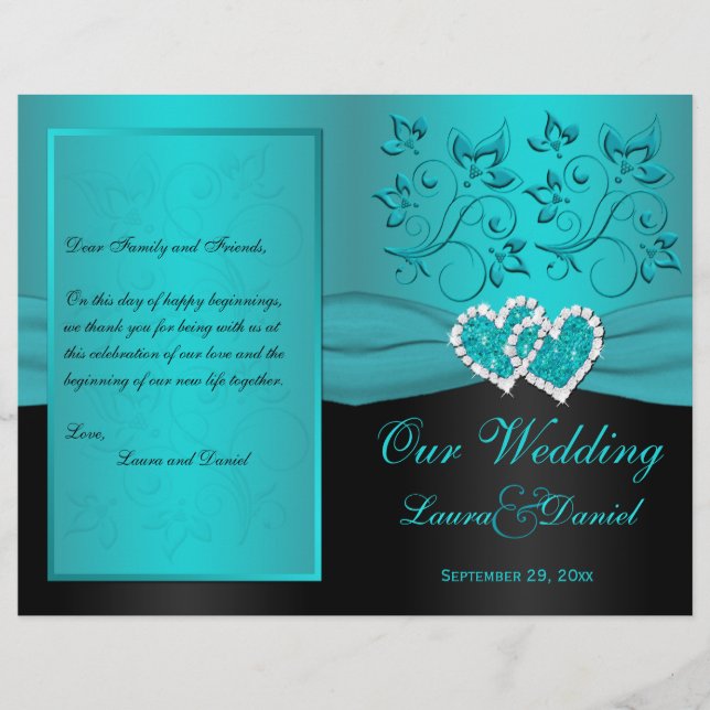 Programa de Boda de Corazón verde azulado, Floral  (Anverso)