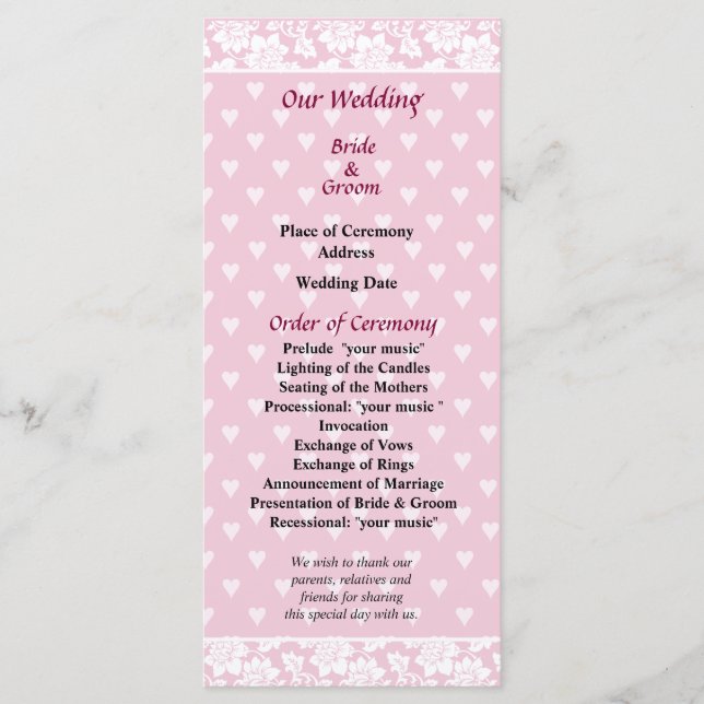 Programa de Boda de Corazones Pink Pálidos (Anverso)