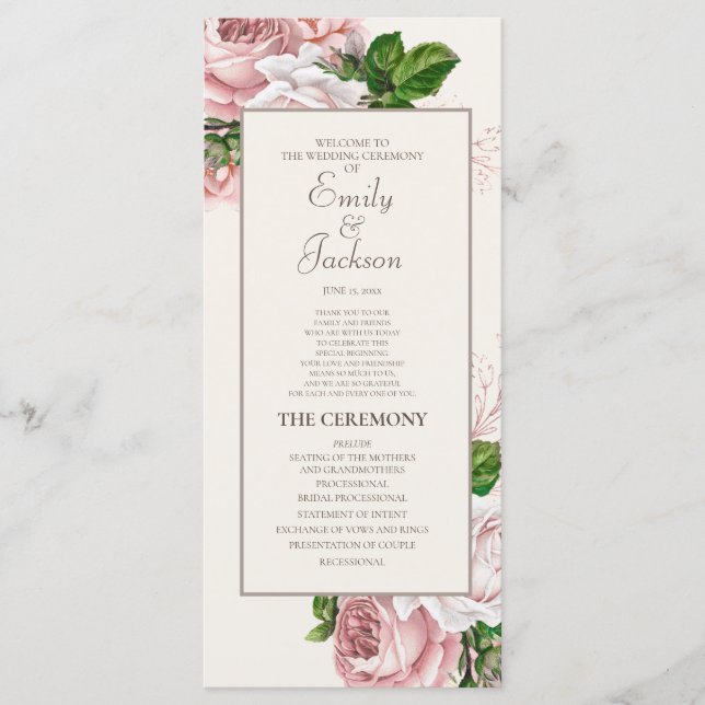 Programa de Boda de Crema Floral Rosa de Rubor Vin (Anverso)