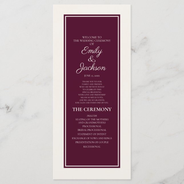 Programa de Boda de Crema Moderna de Borgoña (Anverso)