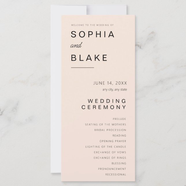 Programa de Boda de Crema Rosa Minimalista Simple (Anverso)