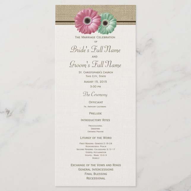 Programa de Boda de Daisy Gerbera Rosa y Verde (Anverso)