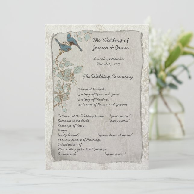 Programa de Boda de Damasco con Pájaros Turquesa A (Anverso de pie)