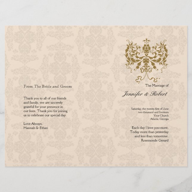 Programa de Boda de Damasco de Crema y Oro (Anverso)
