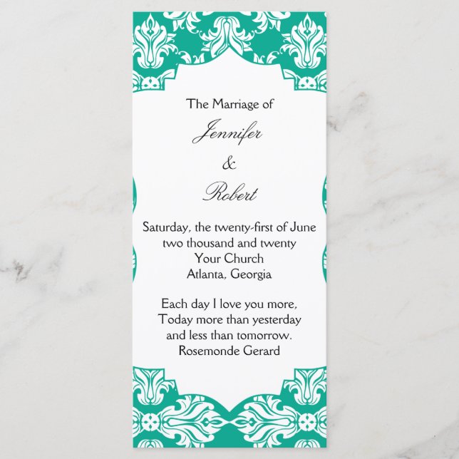Programa de Boda de Damasco Verde Blanco y Esmeral (Anverso)