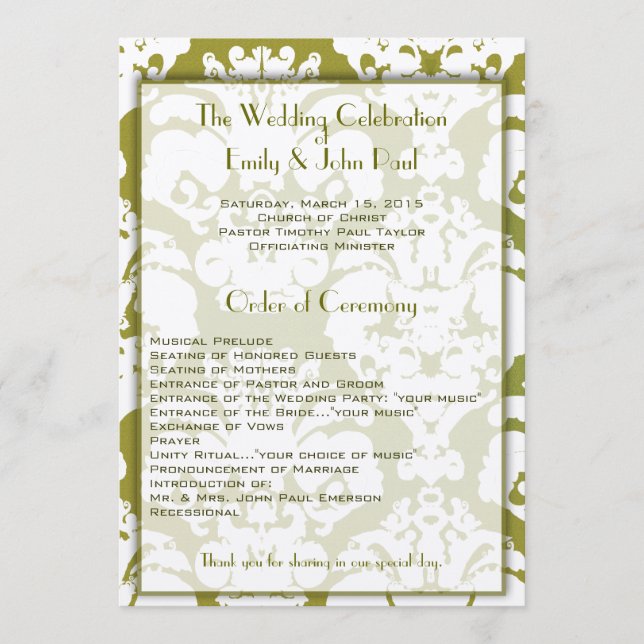 Programa de Boda de Damasco Verde de Oliva (Anverso)