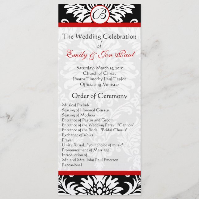 Programa de Boda de Damask Negro 9x4 Red Trim (Anverso)