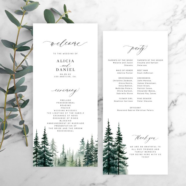 Programa de boda de destino de pinos acuarelas (Subido por el creador)