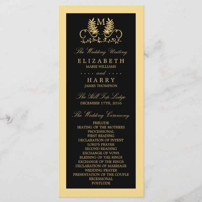 Programa de Boda de Emblema Floral Dorada (Anverso)