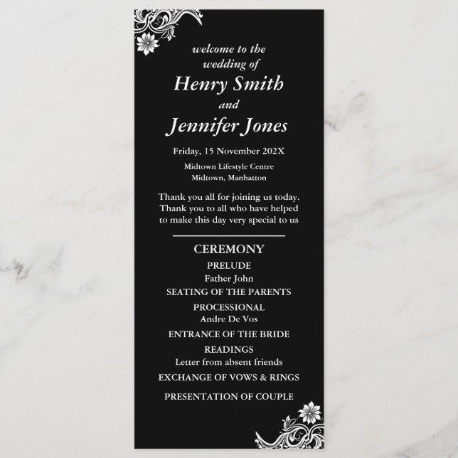 Programa de Boda de encaje blanco y negro (Anverso)