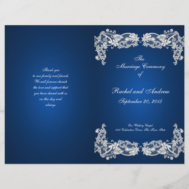 Programa de Boda de Encaje Floral Azul Zafiro (Anverso)