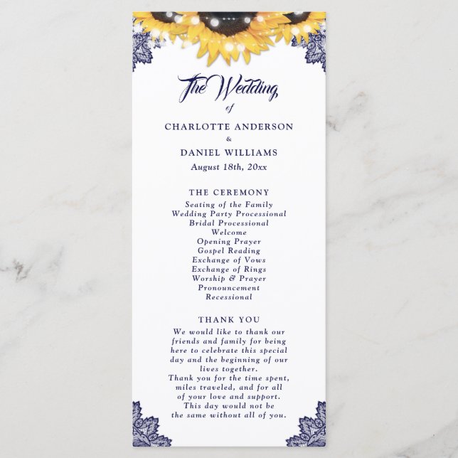 Programa de Boda de Encaje Floral Girasol Azul Mar (Anverso)