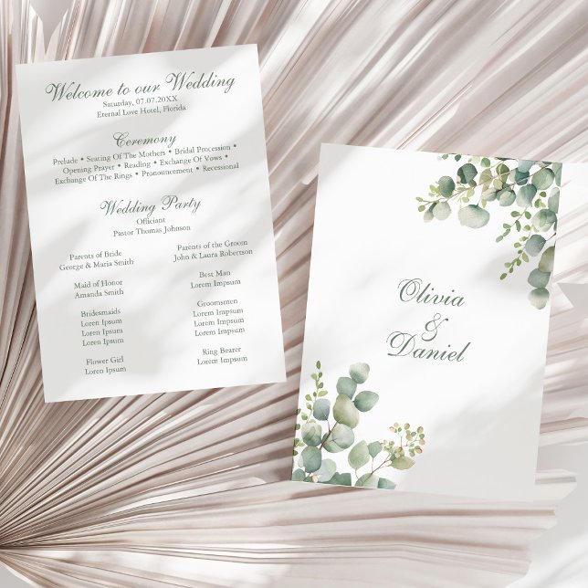 Programa de Boda de Eucalipto de Greenery Moderna (Modern Greenery Eucalyptus Wedding Program on a sunny dry palm leaf.)