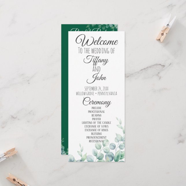 Programa de Boda de Eucalipto Verde Esmeralda (Anverso/Reverso In Situ)