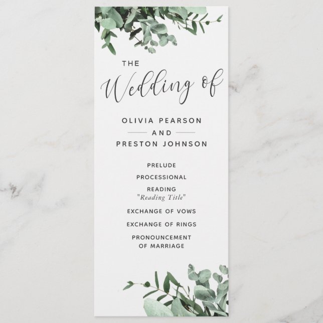 Programa de Boda de Eucalyptus y Greenery Watercol (Anverso)