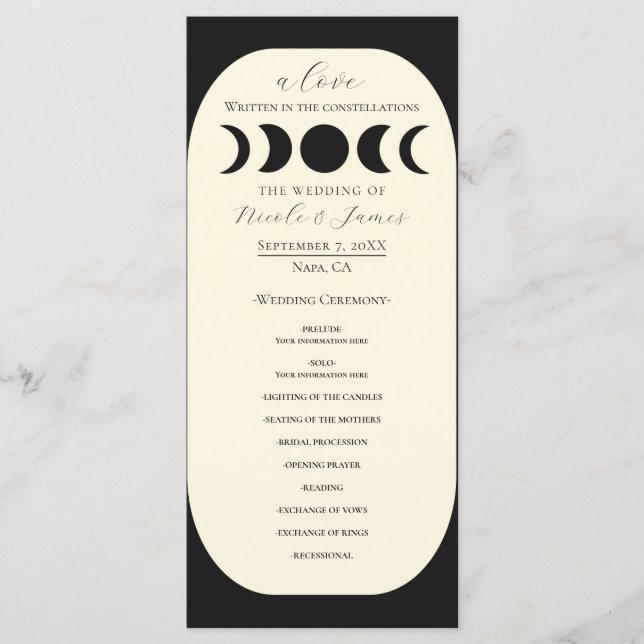 Programa de boda de fase lunar de crema negra Luna (Anverso)