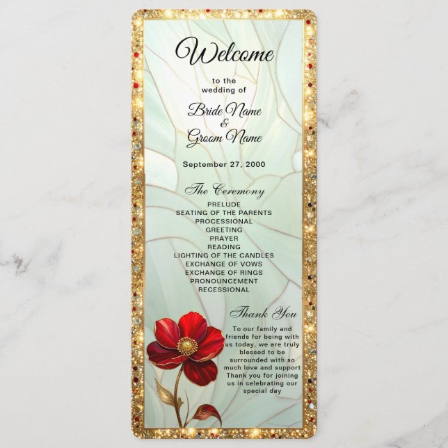 Programa de Boda de Flor Roja de Vidrio Emplomado (Anverso)