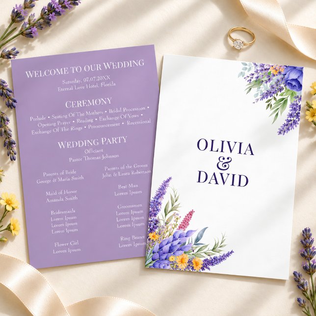 Programa de Boda de Flor Silvestre Amarilla Lavand (Boho Lilac Watercolor Wildflower Wedding Program)