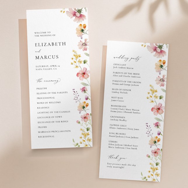 Programa de Boda de Flor Silvestre de Prado Boho (Boho meadow wildflower wedding program with pastel florals and elegant serif typography)
