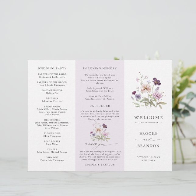 Programa de Boda de Flor Silvestre Dusty Purple La (Anverso de pie)