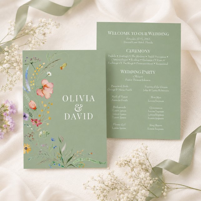 Programa de Boda de Flor Silvestre Verde Salvia (Sage Green Wildflower Wedding Program)