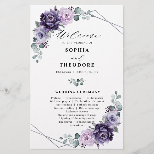 Programa de Boda de Floral de Plata de Pluma Púrpu (Anverso)