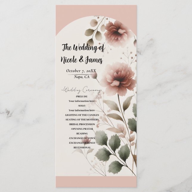 Programa de Boda de Floral Verde Rosa del Desierto (Anverso)