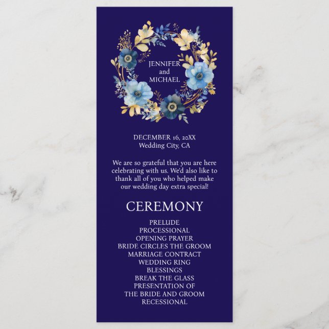 Programa de Boda de Flores Azules y Dorados (Anverso)