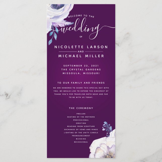 Programa de Boda de Flores Azules y Lilac de la Ma (Anverso)