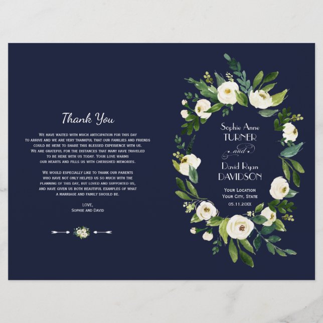 Programa de boda de flores blancas acuarela azul o (Anverso)
