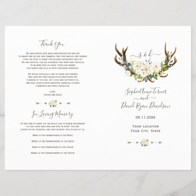 Programa de Boda de Flores Blancas Antlers (Frente)