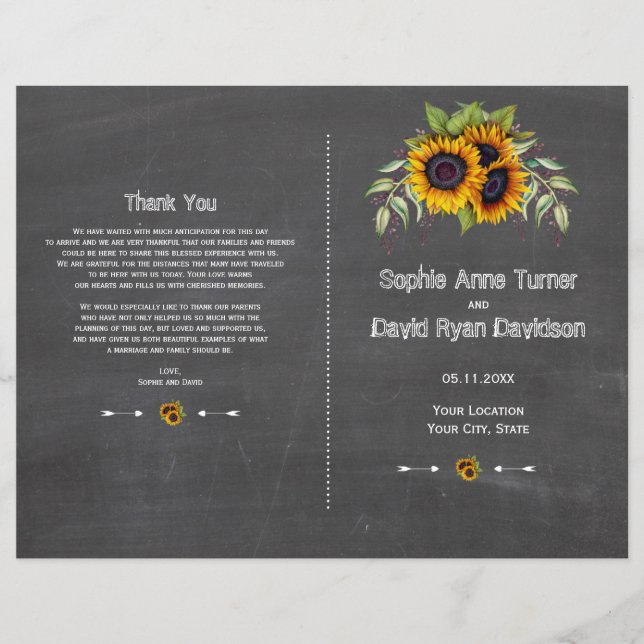 Programa de Boda de Flores de Agua Rústica Sunflow (Frente)