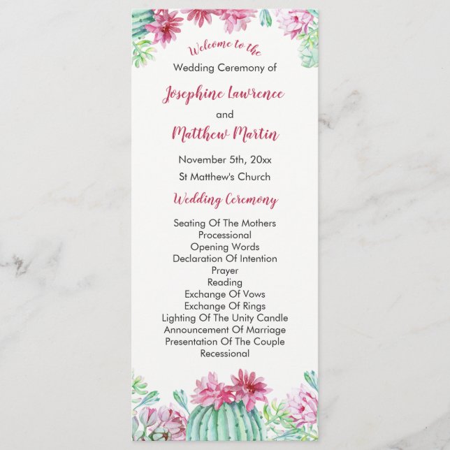 Programa de Boda de Flores de Cactus Rosa (Anverso)