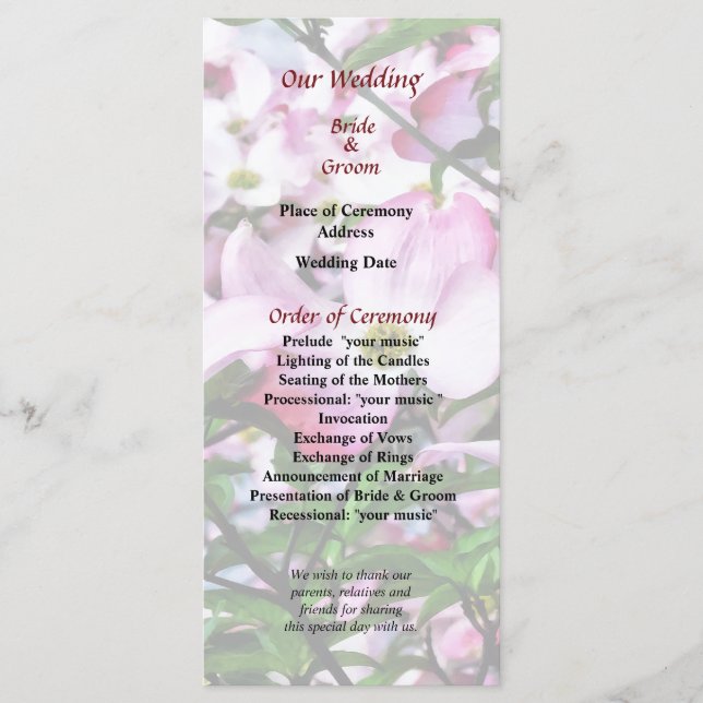 Programa de Boda de Flores de Cornejo Rosado (Anverso)