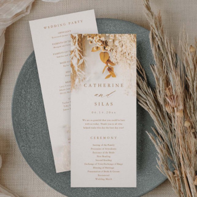 Programa de Boda de Flores de Otoño Boho (Boho floral fall wedding programs.)