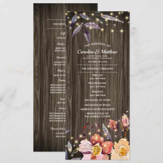 Programa de Boda de Flores de Otoño de Madera (Anverso / Reverso)